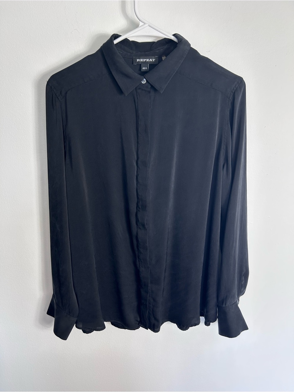 Repeat Black Silk Button-Up Blouse - Size Large